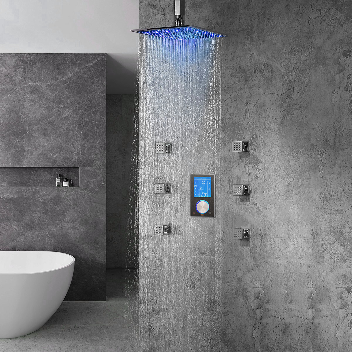 Romo Solid Brass Color Changing LED Rain Shower Head with Digital Mixer and 360 Adjustable Body Jets