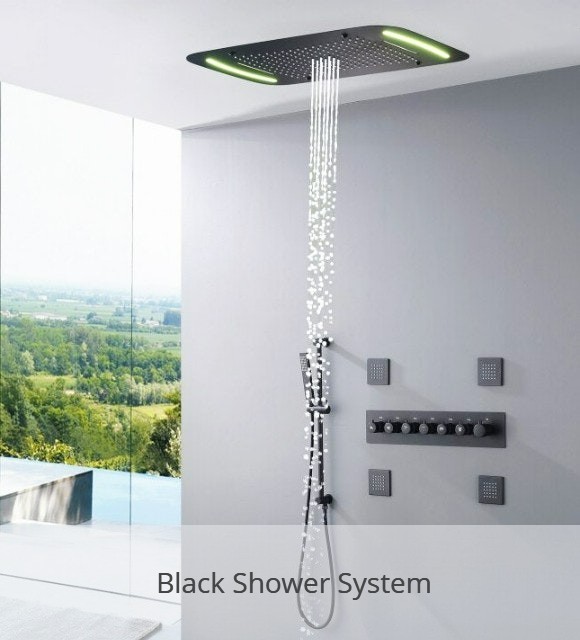 16 inch Luxury Black Thermostatic Ceiling Mount Shower System - LUNA