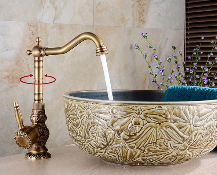 Single Hole Antique Brass Bathroom Vessel Sink Faucet Single Knob Solid  Brass