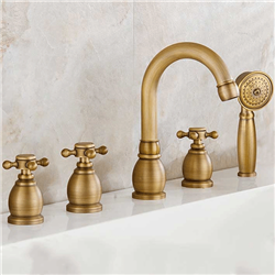 Reno 5pcs Bathtub Faucet in Antique Brass Deck Mount Bath Mixer Tap with Hand Shower