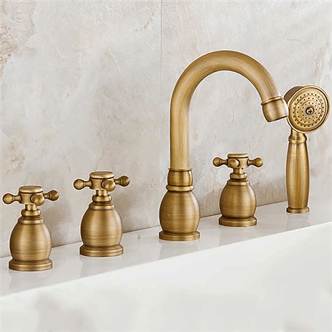 Reno 5pcs Bathtub Faucet in Antique Brass Deck Mount Bath Mixer Tap with Hand Shower