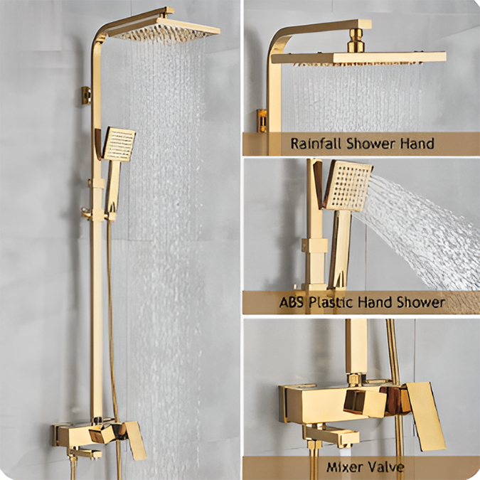 Bathselect 8" Wicklow In Polished Gold Finish Wall Mounted With Hot And Cold Mixer Rainfall Shower Set