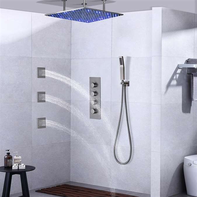 Hotel Ceiling LED Shower Set Thermostatic Valve Brushed Nickel Wall Mount with Jets Spray & Handshower