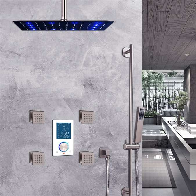 BathSelect Brushed Nickel Ceiling Mount LED Rainfall Shower Set With Thermostat Mixer Jet Spray and Slidebar Handshower