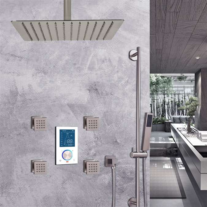 BathSelect Brushed Nickel Ceiling Mount Rainfall Shower Set With Thermostat Mixer Jet Spray and Slidebar Handshower