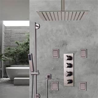 BathSelect Brushed Nickel Ceiling Mount Rainfall Shower Set With Thermostat Mixer Jet Spray and Slidebar Handshower