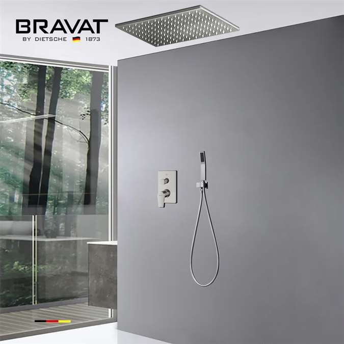 Bravat Ceiling Shower Set Thermostatic Valve Brushed Nickel Wall Mount with Handshower