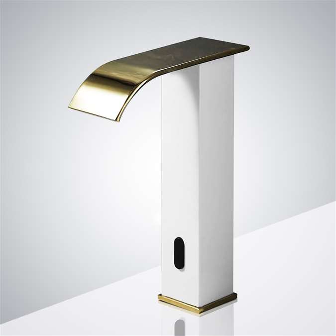 BathSelect White and Gold Waterfall Tall Automatic Smart Sensor Faucet