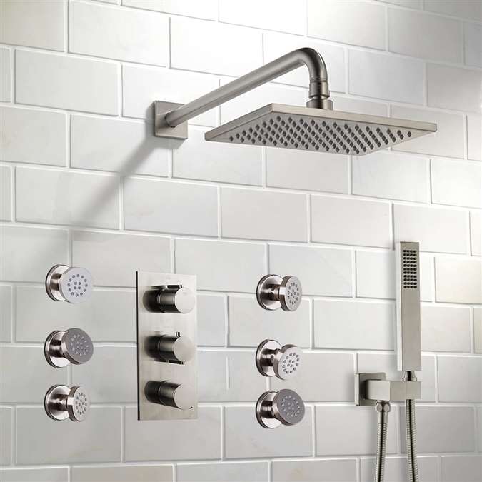 Hotel Brushed Nickel Shower with Adjustable Body Jets and Mixer-Wall Mount Style