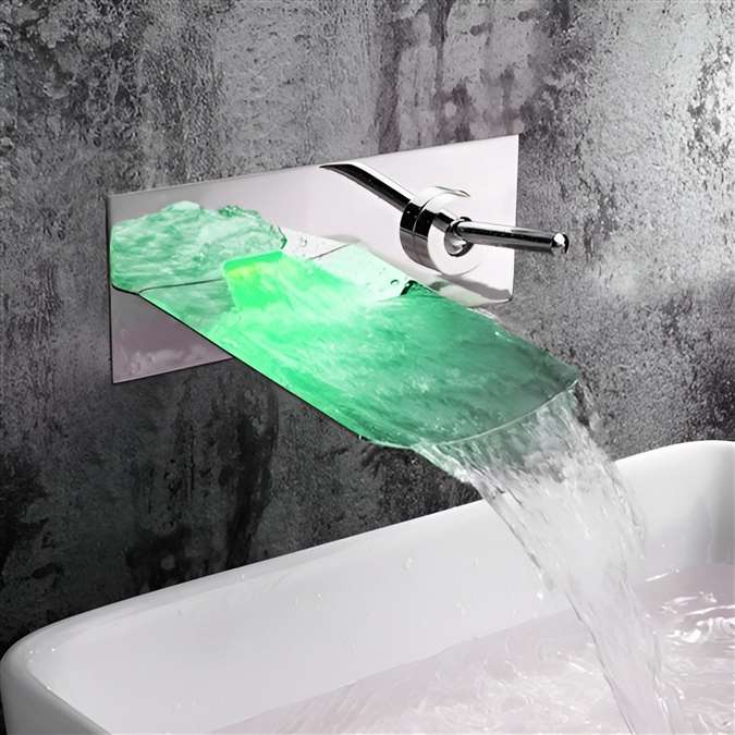 Leo Hotel Bathroom Wall Mounted Sink Faucet LED Color Changable Waterfall Brass Chrome US