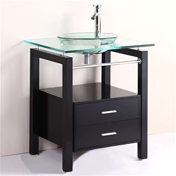 Hotel Prima 28 inch Tempered Clear Glass Bowl vessel Sink & wood Vanity with Matching Faucet