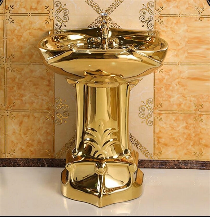 Hotel Creteil Gold Vintage Luxurious Ceramic Pedestal Sink with Faucet in Gold Finish