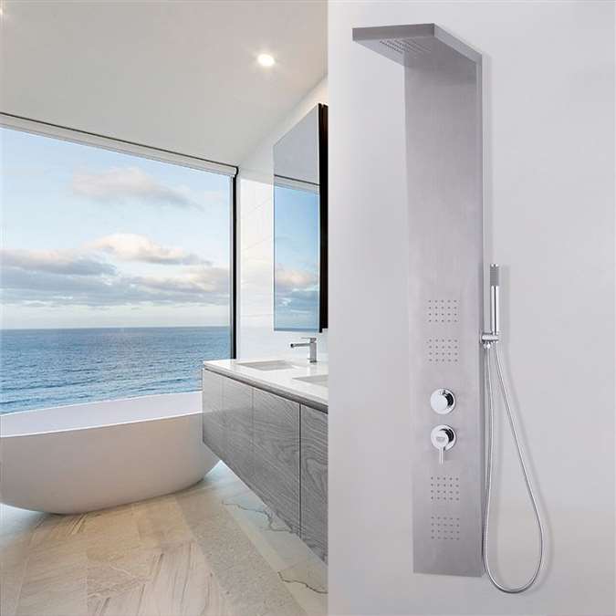 Bollnäs 55" Brushed Stainless Steel Shower Panel Rainfall Waterfall w/Massage Body Jets