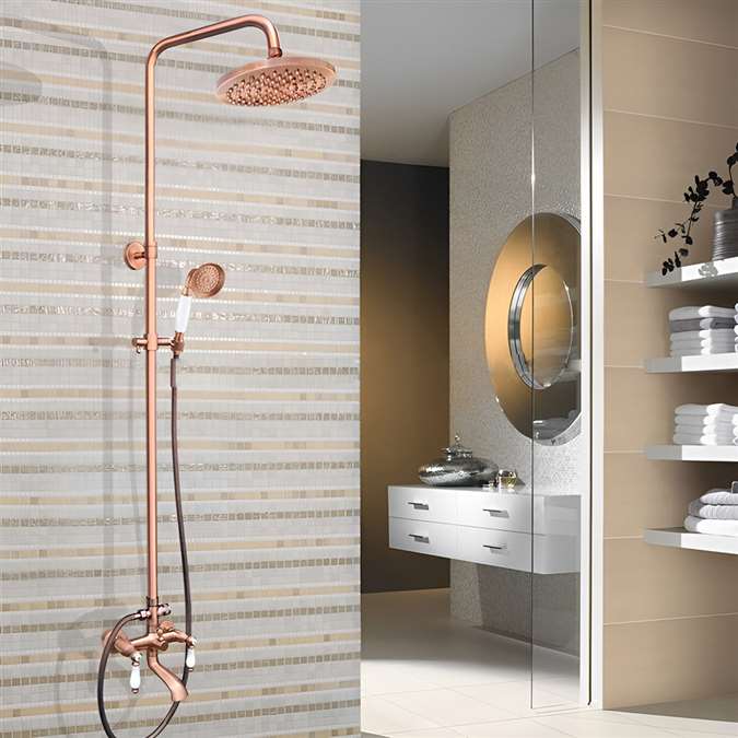 8" Rain Shower Faucet with Tub Spout in Wall Mount Rose Gold Finish Shower Head and Handheld Sprayer