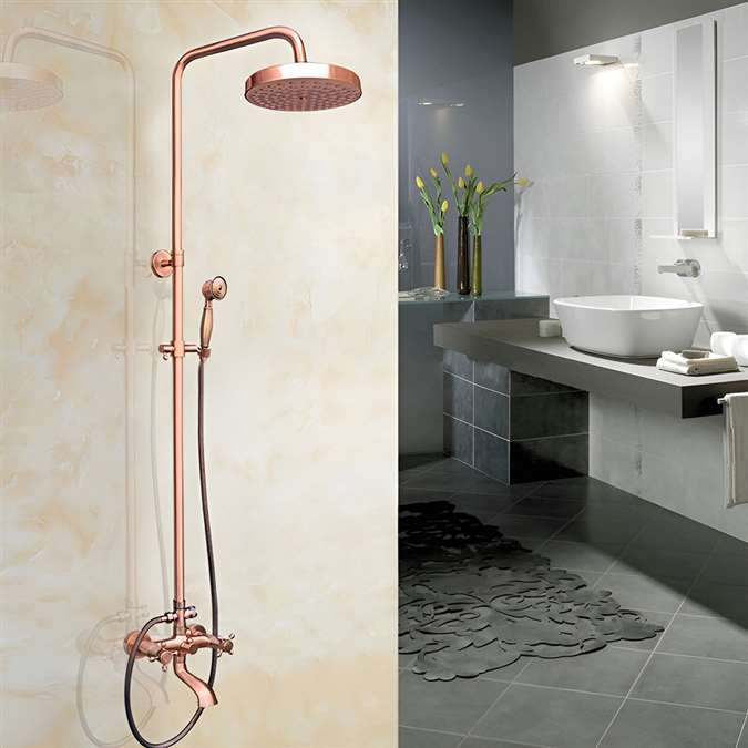 Wall Mount Bathroom Faucet Dual Handle Dual Control Round Shower Head in Vintage Rose Gold