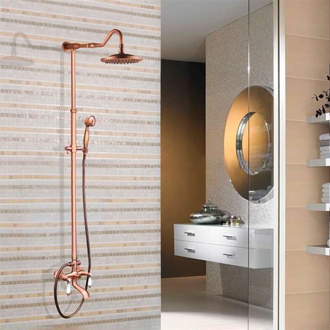 8" Round Rose Gold Rainfall Bathroom Shower Head with Tub Faucet and Hand Sprayer Set