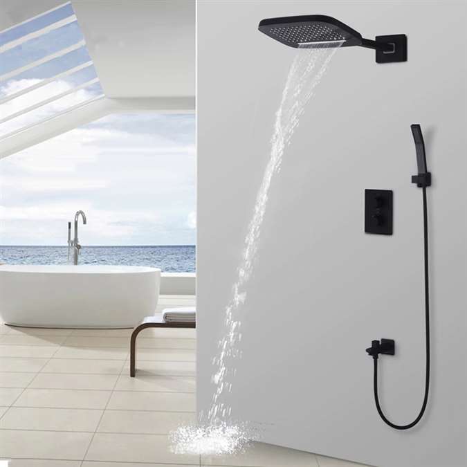 Wall Mounted Thermostatic Waterfall Rainfall Shower Head and Hand Shower Set in Matte Black