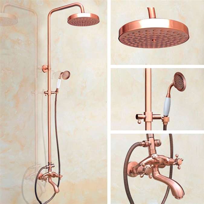 Vintage Rose Gold 8-inch Rainfall Bathroom Shower Head Dual Handle with Hand Sprayer