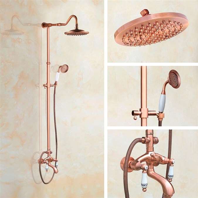 Round Rose Gold Vintage Wall Mounted Shower Faucet with Hand Shower and Tub Spout Set