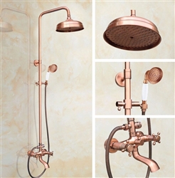 8" Round Rainfall Wall Mount Shower System with Hand Shower and Tub Faucet in Rose Gold Finish