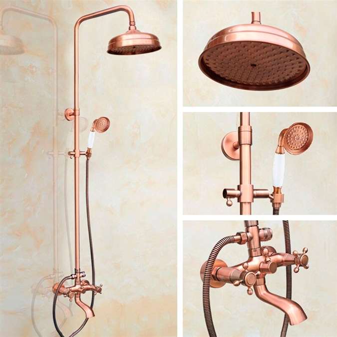 8" Round Rainfall Wall Mount Shower System with Hand Shower and Tub Faucet in Rose Gold Finish