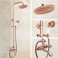 Vintage Rose Gold Dual Cross Handle 8" Rainfall Shower System with Tub Spout + Handshower