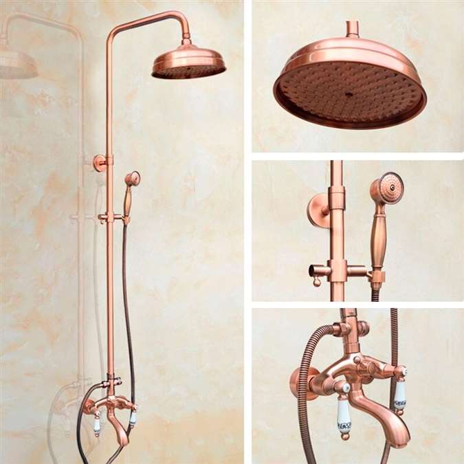 Vintage Rose Gold Dual Handle Wall Mounted 8" Shower Head with Tub Spout and Hand Sprayer