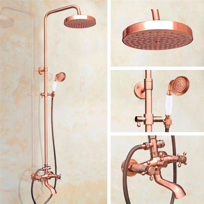 Wall Mounted Rainfall 7.7" Shower System with Handheld Shower + Tub Spout in Vintage Rose Gold