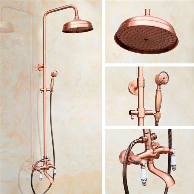 Rose Gold Shower System Wall Mounted 8" Round Bathroom Shower Head with Dual Ceramic Handle, Tub spout and Handheld Shower