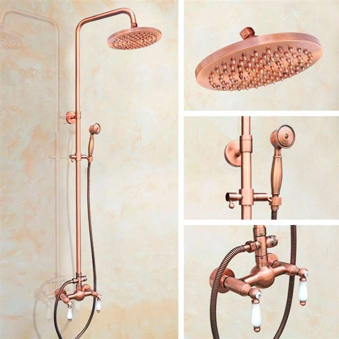 Wall Mounted Vintage Rose Gold 8" Rain Shower System Mixer Set with Bathroom Hand Shower Sprayer