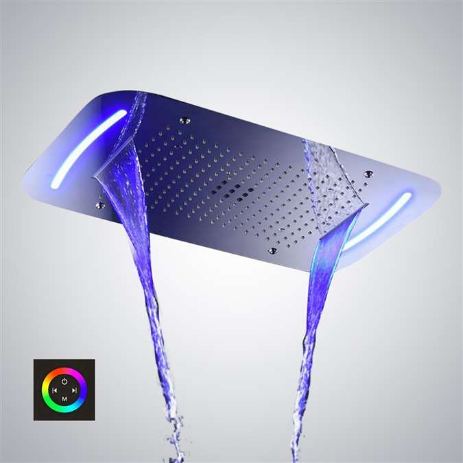 Ceiling Mounted Stainless Steel Rectangle Shower LED Light Chrome Finish Bathroom Rainfall Waterfall Shower Head Touch Panel controlled