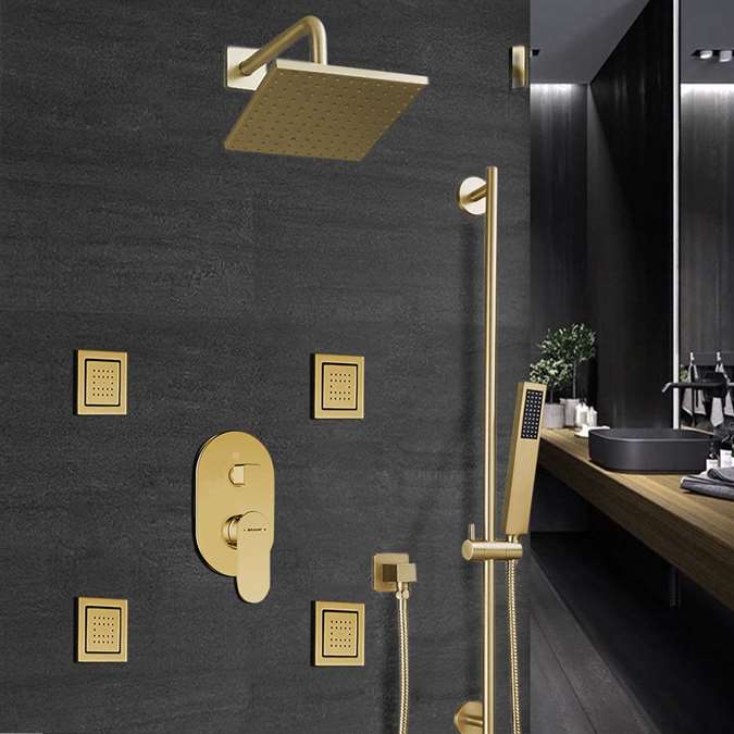 Bravat Rainfall Square Shower Head And Hand Held Shower With Stress-Free Body Jet & Thermostatic Mixer Valve In Brushed Gold Finish