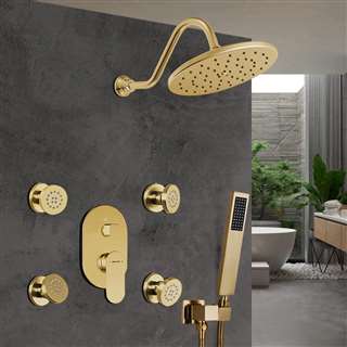 Bravat Wall Mounted Shower Head And Hand Held Shower With Stress-Free Body Jet & Thermostatic Mixer Valve In Brushed Gold Finish