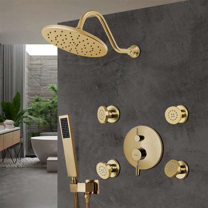 Bravat Wall Mounted Shower Head And Hand Held Shower With Stress-Free Body Jet & Thermostatic Mixer Valve In Brushed Gold Finish