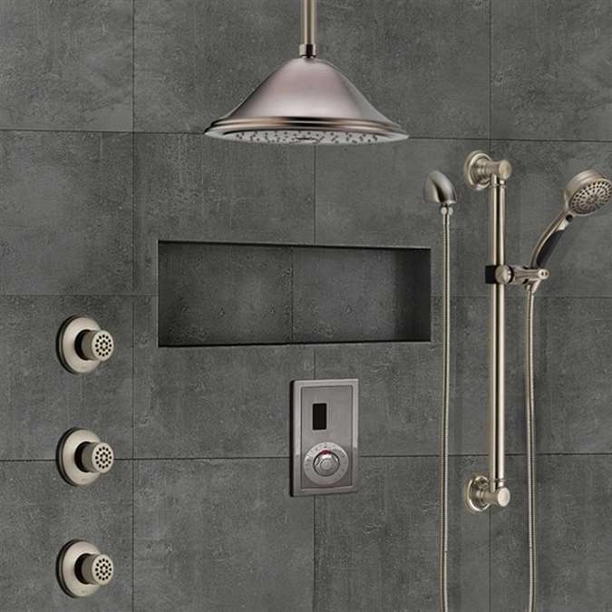 BathSelect Hotel Ceiling Mount Brushed Nickel Sensor Controlled Automatic Shower Set With Three Body Jets And Handheld Shower