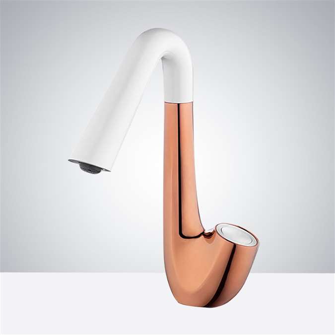 BathSelect White and Rose Gold Finish Trumpet Style Commercial Motion Sensor Faucet