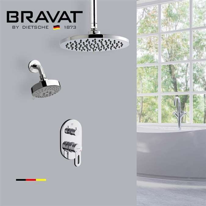 Bravat Luxury Chrome Dual Rain Shower Heads with Concealed Wall Mount Shower Mixer