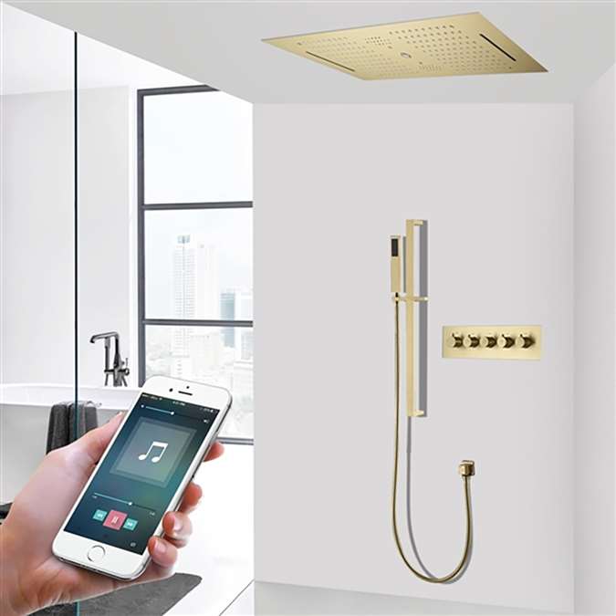 Sarzana LED Brushed Gold Thermostatic Phone Controlled Rainfall Waterfall Musical Shower System with Square Hand Shower