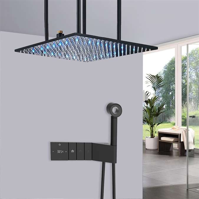 Chiavari 24" Matte Black Digital LED Ceiling Mount Rainfall Shower System with Round Built-in Handheld Shower