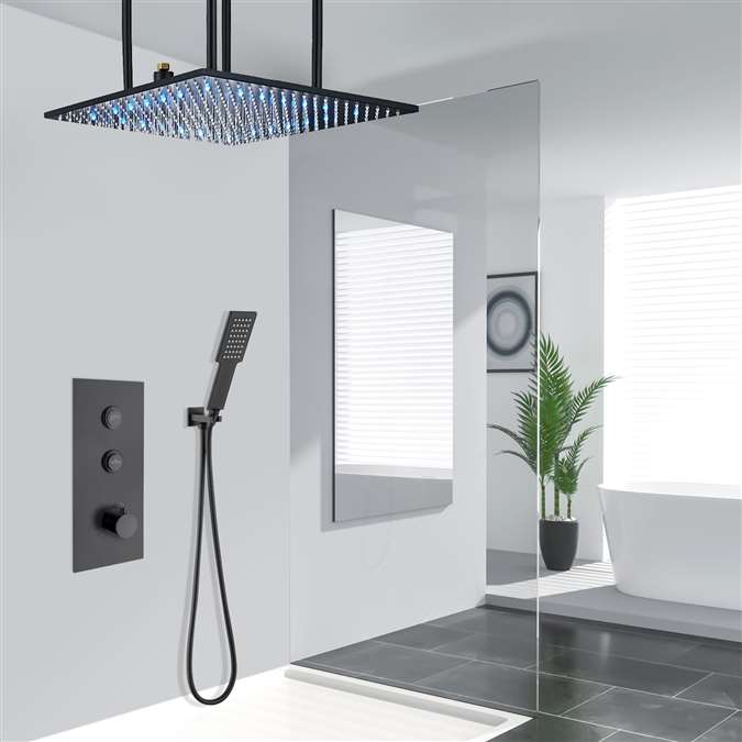 Bagheria Thermostatic LED 24" Matte Black Ceiling Mount Rainfall Shower System with Handheld Shower