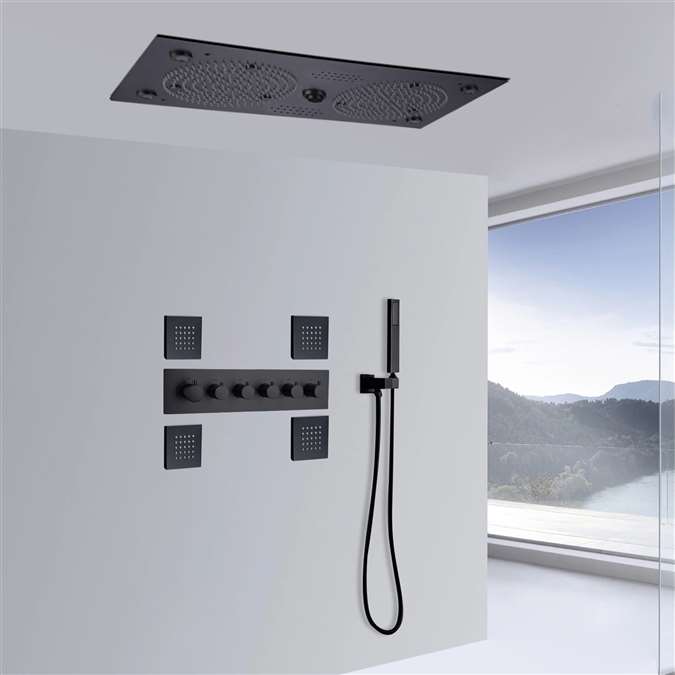 Ancona Hospitality Thermostatic Matte Black Recessed Ceiling Mount LED Rainfall Musical Shower System with Jetted Body Sprays and Hand Shower