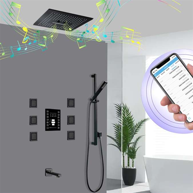 Gubbio 16" Remote Controlled Matte Black LED Ceiling Mount Waterfall Mist Rainfall Shower System with Handheld Shower, 6 Body Jets, and Tub Spout