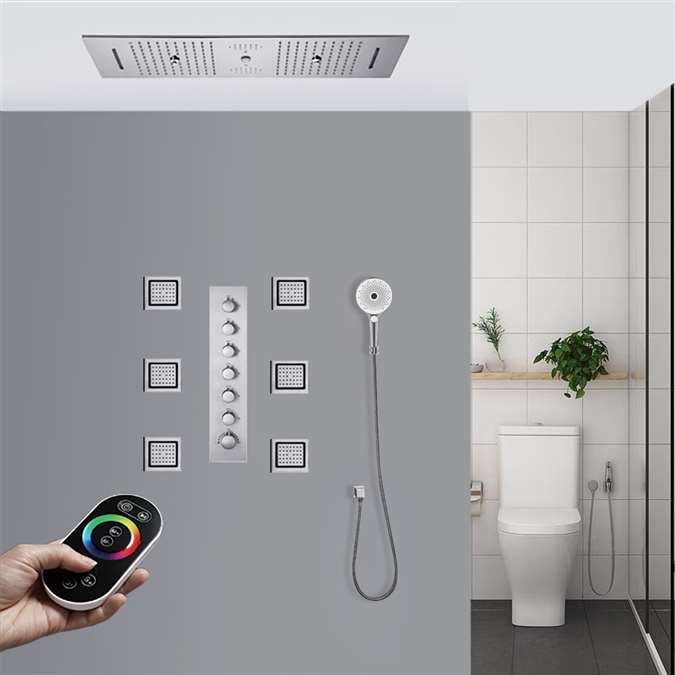 Trento Chrome Thermostatic Remote Controlled Rainfall Waterfall LED Recessed Ceiling Mount Large Musical Shower System with Round Hand Shower and Jetted Body Sprays