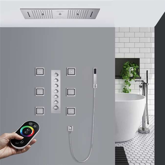 Bologna Remote Controlled Rainfall Waterfall Mist Luxurious Thermostatic LED Recessed Ceiling Mount Musical Shower System with Hand Shower and Jetted Body Sprays