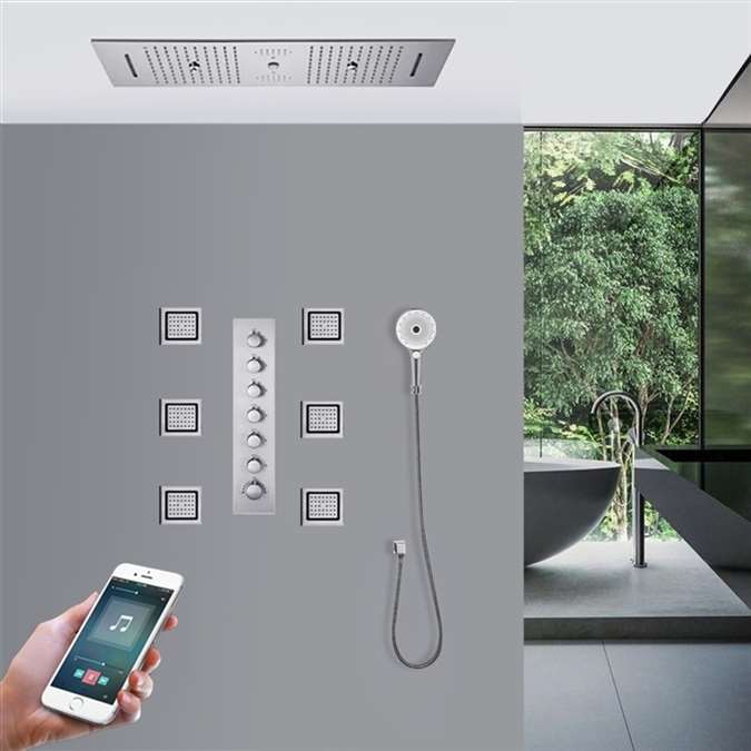 Hotel Padua Phone Controlled Chrome Rainfall Waterfall LED Thermostatic Recessed Ceiling Mount Musical Shower System with Jetted Body Sprays and Round Hand Shower