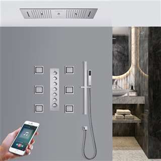 Hotel Trieste LED Chrome Phone Controlled Thermostatic Recessed Ceiling Mount Musical Rainfall Waterfall Mist Shower System with Jetted Body Sprays and Hand Shower