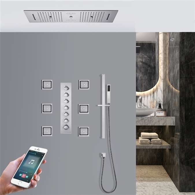 Hotel Trieste LED Chrome Phone Controlled Thermostatic Recessed Ceiling Mount Musical Rainfall Waterfall Mist Shower System with Jetted Body Sprays and Hand Shower