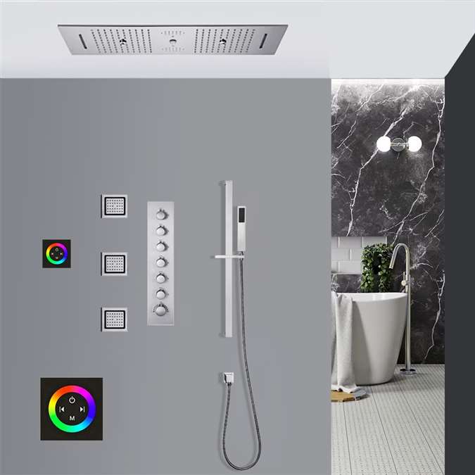 Latina Chrome Thermostatic LED Touch Panel Controlled Recessed Ceiling Mount Musical Rainfall Waterfall Shower System with Jetted Body Sprays and Hand Shower