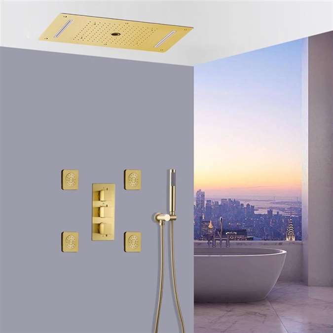 Hostelry Novara Thermostatic Brushed Gold Recessed Ceiling Mount LED Waterfall Mist Rainfall Shower System with Jetted Body Sprays and Hand Shower