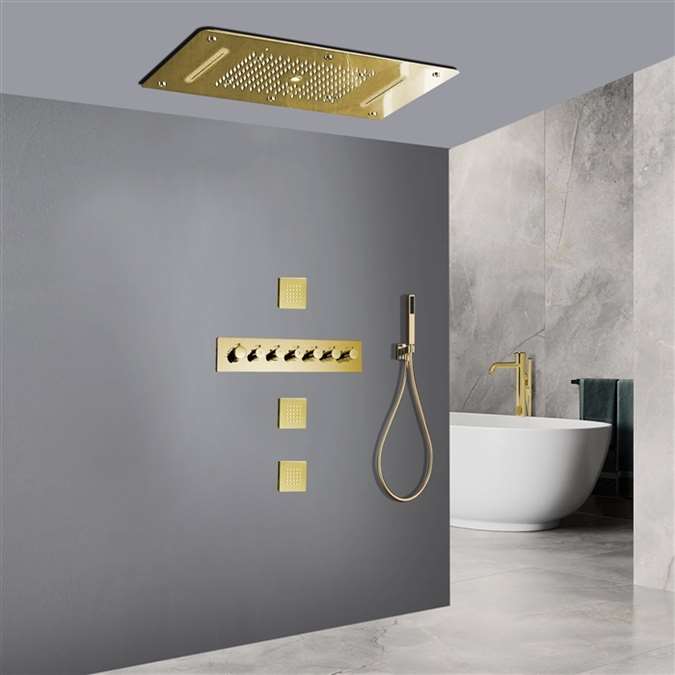 Hostelry Casoria Thermostatic Recessed Ceiling Mount Brushed Gold Stylish LED Waterfall Mist Rainfall Shower System with Hand Shower and Jetted Body Sprays